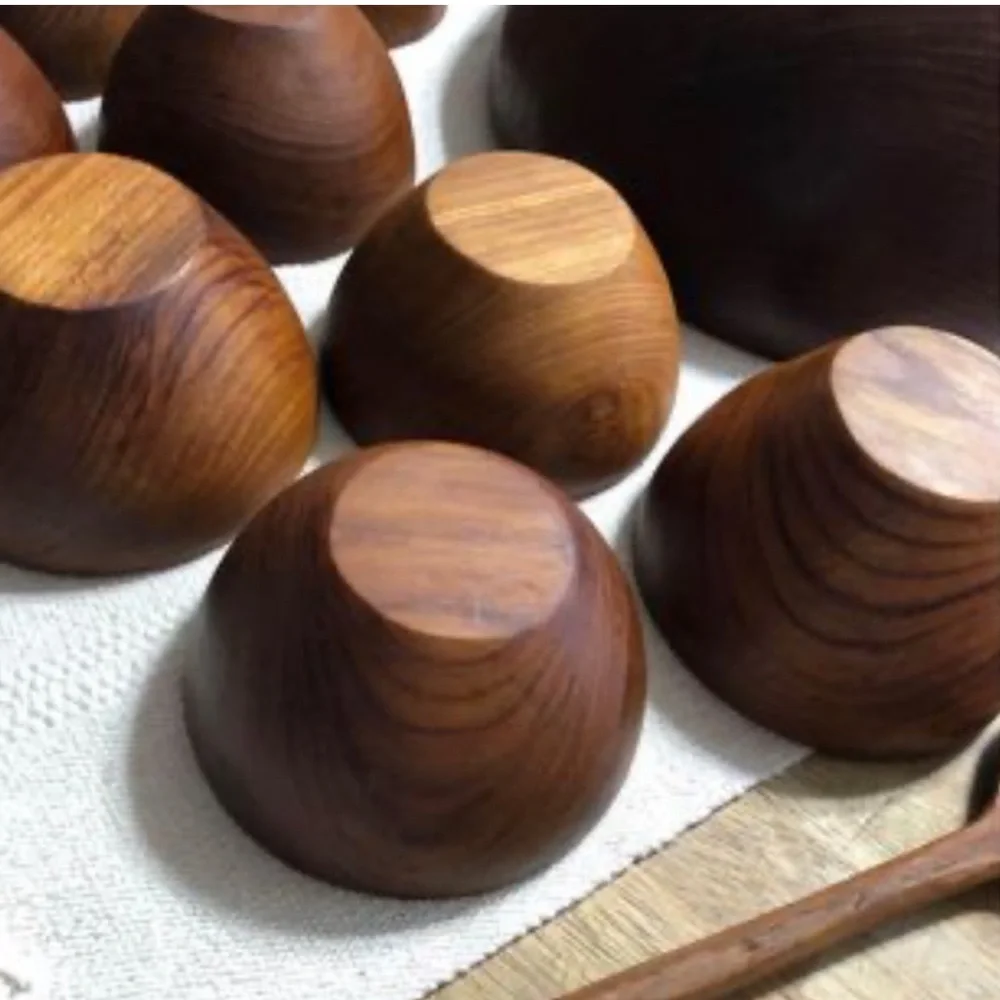 set of vintage handmade teak wood 8 salad bowls